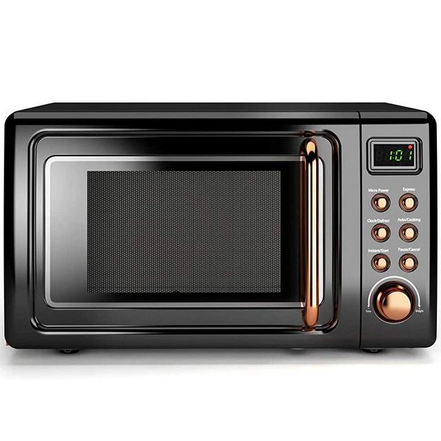COSTWAY Retro Countertop Microwave Oven, 0.7Cu.ft, 700-Watt, Cold Rolled Steel Plate, 5 Micro Power, Delayed Start Function, with Glass Turntable & Viewing Window, LED Display, Child Lock (Gold)