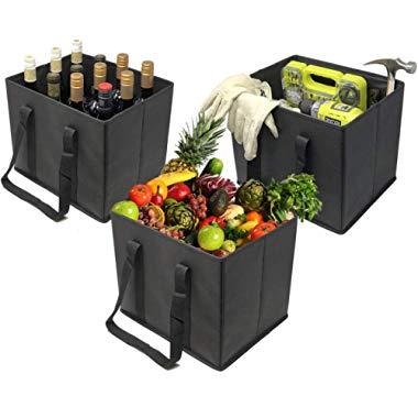 VENO 3 Packs Reusable Grocery Shopping Bags, Storage Boxes, Handy, Premium Quality, Heavy Duty Tote with Handles, Reinforced Bottom. Foldable, Collapsible, Made from Recycled Material