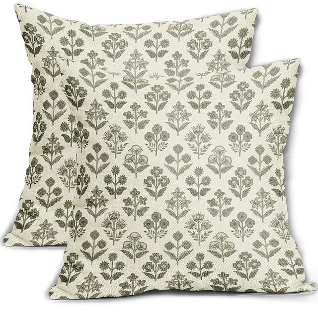Olive Green Floral Pillow Covers 18x18 Inch Set of 2, Vintage Flower Block Print Pattern Decorative Throw Pillowcases Outdoor Farmhouse Cushion Covers Spring Summer Rustic Sofa Couch Bed Decor