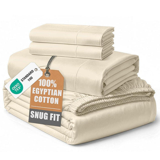 LANE LINEN 100% Egyptian Cotton Full Size Bed Sheets, No Pill Naturally Cooling Sheets Full Size, Soft & Comfy Sateen Weave for Silky Smooth Finish, Available in Variety of Colors - Ivory