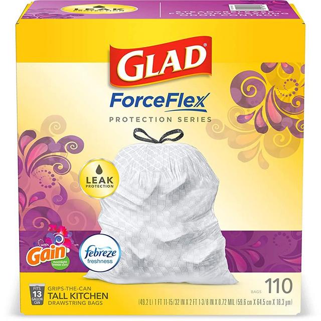 Glad Protection Series ForceFlex Tall Kitchen Drawstring Trash Bags – 13 Gallon White Trash Bag, Gain Moonlight Breeze Scent with Febreze Freshness – (Package May Vary) 110 Count