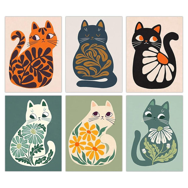 FEOFTIE Cat Wall Art Neutral Boho Poster Plants Retro Animal Pictures Print Green Posters Mid Century Printing Colorful Cat Art Vintage Orange Bedroom Bathroom 8x10 Inch Set of 6 Unframed
