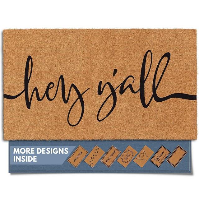 Barnyard Designs Natural Coco Coir Heavy Duty Backing Doormat - Large Cute Non-Slip Front Door Welcome Mat for Outside Entrance or Porch Entry, Brown (17x 30, Y'all)