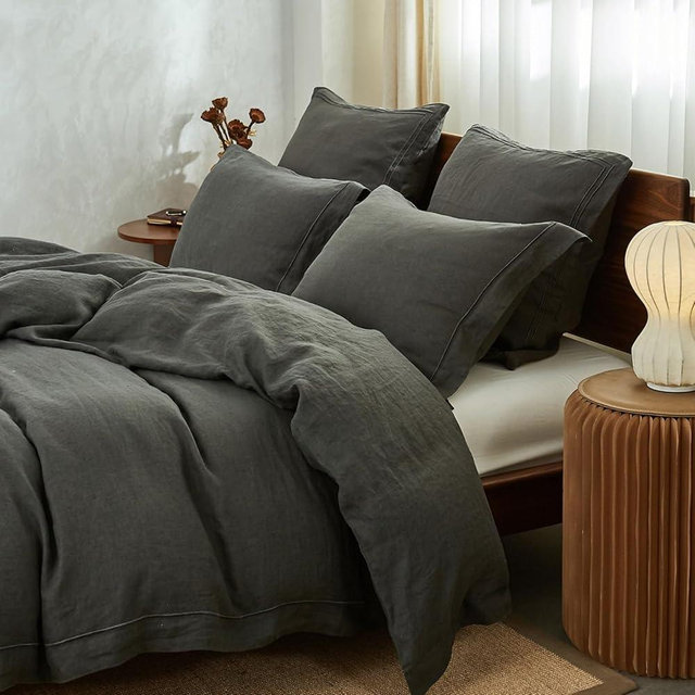 Simple&Opulence 100% Washed Linen Duvet Cover with Embroidered, Full Size(78"x 86"), 3 Pieces Soft Farmhouse Comforter Set with Button Closure,1 Duvet Cover and 2 Pillowshams(Full,Charcoal Grey)