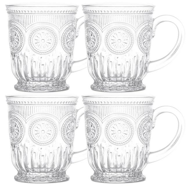 Yungala Vintage Glass Mugs Set of 4 – 10oz Vintage Coffee Mugs or Pressed Glass Tea Cup with Sunflower Design, Clear Tea Cup, Perfect for Affogato or boujee entertaining, Dishwasher Safe, Lead-Free