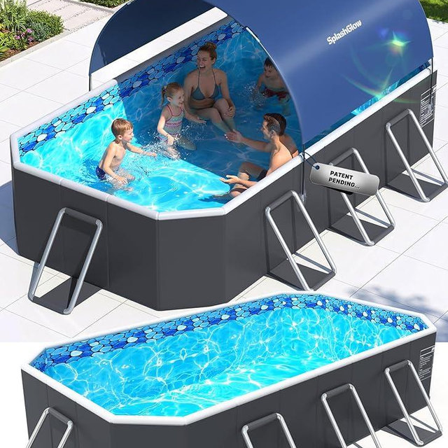 SplashGlow Foldable Pool with Canopy,Non Inflatable Pool,Large Foldable Swimming Pool for Adult Portable Pool,Large Collapsible Kid Pool with Shade,Folding Kid Pool for Backyard-,90x50x20 IN-Dark Blue