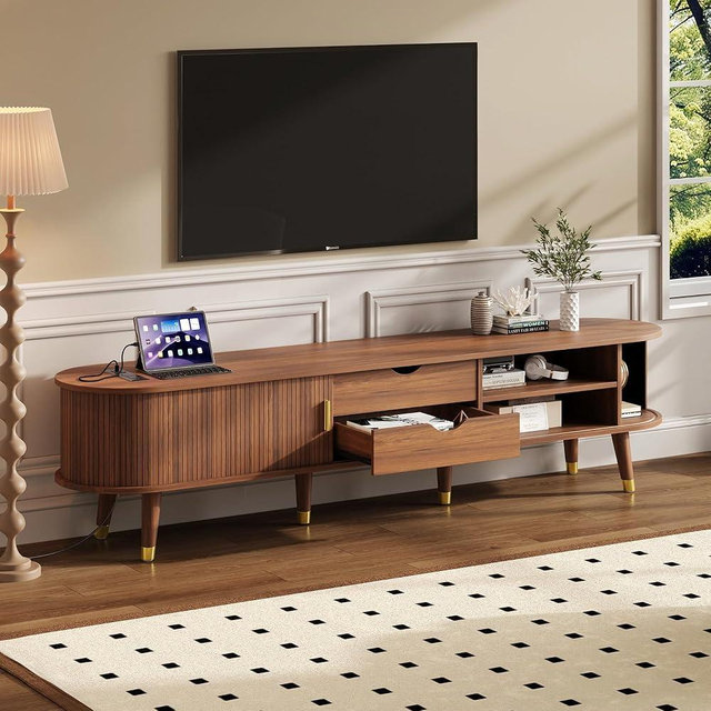 Anranni 75 inch TV Stand with Power Outlet, Modern Entertainment Center for TVs Up to 80 inches, Fluted TV Console, Curved Profile Design, Media Console with Drawers for Living Room, Walnut