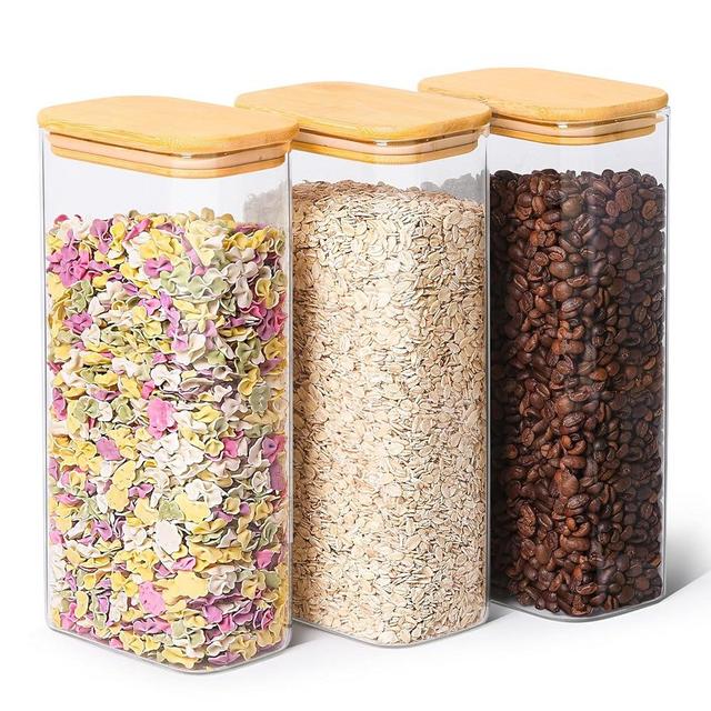 ComSaf 63oz Rectangle Glass Storage Containers with Lids, Glass Jars with Bamboo Lids, Clear Food Storage Jar, Square Glass Canister Set of 3, Pantry Organizers and Storage for Flour Pasta Coffee Bean