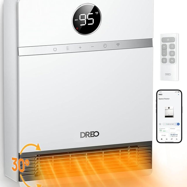 DREO Smart Wall Heater, IP24 Easy-mounted PTC Space Heater for Indoor Use, 30° Oscillation, Adjustable Thermostat, Remote Control, Works with Alexa, 24H Timer, Electric Heater for Bedroom, Office
