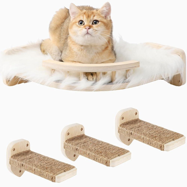 COOLEX Cat Wall Shelves, Cat Shelves and Perches for Wall, Cat Wall Furniture, Corner Cat Shelf with 3 Steps Scratch Post, Cat Bed Hammock with Plush Covered, Climbing Shelf for Indoor Cats (Wood)