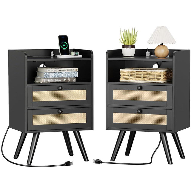 SUPERJARE 2 Drawer Night Stand with Charger Station, Boho Rattan Nightstand Set of 2, 25.2 Inch Tall Bed Side Table with Solid Wood Feet, End Table, Open Storage, Synthetic Rattan, for Bedroom, Black