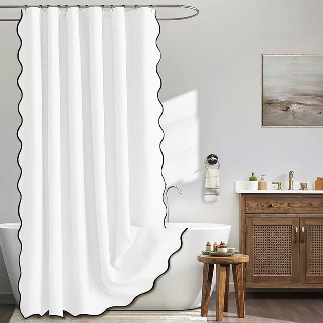 MIULEE 90" Long Scalloped Shower Curtain Linen Textured with 12 Metal Hooks Cute Extra Long Heavy Duty Washable Waterproof Cloth Shower Curtains with Black Border for Bathroom Hotel Bathtub,White