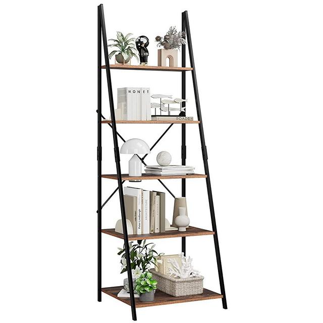 SOMY 5-Tier Bookshelf, Wood Bookcase with Metal Frame, Open Ladder Shelf, Flower Standing Shelf Units Storage Rack for Home Office Living Room Bathroom Vintage, Rustic Brown