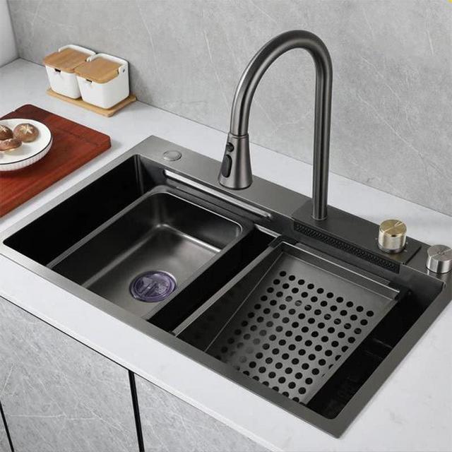 BLIOTE New Stainless Steel Waterfall Kitchen Sink 30"x 18" Kitchen Sink Workstation Ledge (Dark grey)
