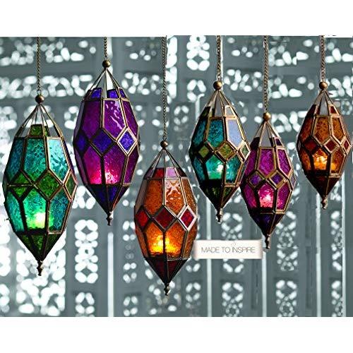 Klass Home Collection Authentic Moroccan Lampshade Style Classic Vintage Turkish Indoor Garden Tonal Glass Lantern Hanging Candle Tea Light Holders for Decorations, Green, Large Turquoise