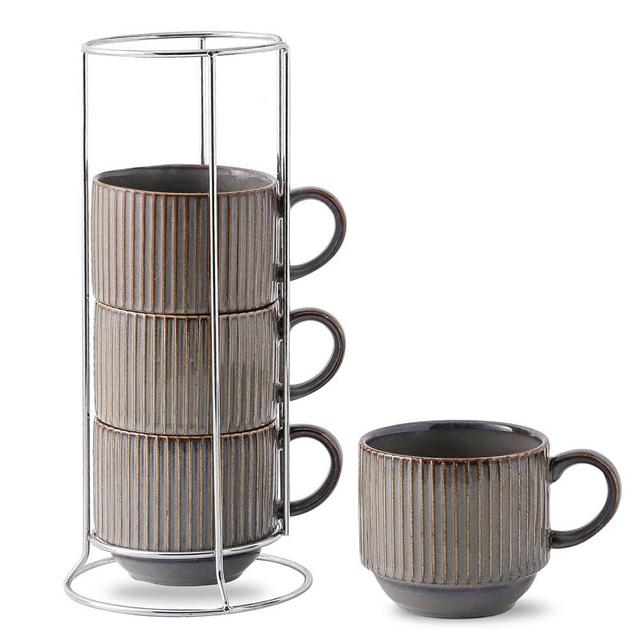 Hasense Porcealin Coffee Mugs, Stackable Coffee Cups Set of 4 with Stand - 15 oz Large Ceramic Ribbed Latte Cup Set for Cappuccino, Tea, Hot Cocoa, Drinks - Dishwasher & Microwave Safe, Brown