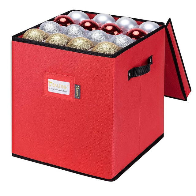 BALEINE Christmas Ornament Storage Box with Dividers, Premium Holiday Ornaments Storage Container Bin for Xmas Decorations (64 Ball, Red, Without Tray)