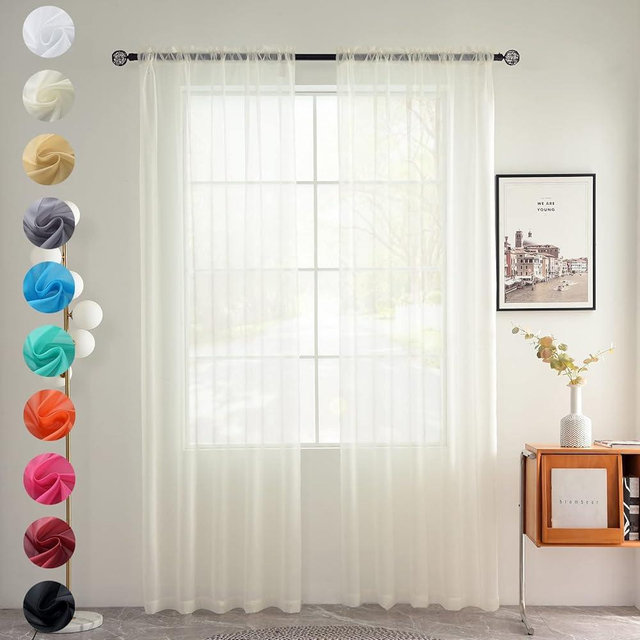 youleyar Solid Sheer Rod Pocket Curtain Voile Draperies 2 Panels White Beige Black Grey Coffee 52 Inch Width 84 Inch Long 1 Pair for Kitchen Bedroom Children Living Room Yard (Ivory,52W ｘ 84L)