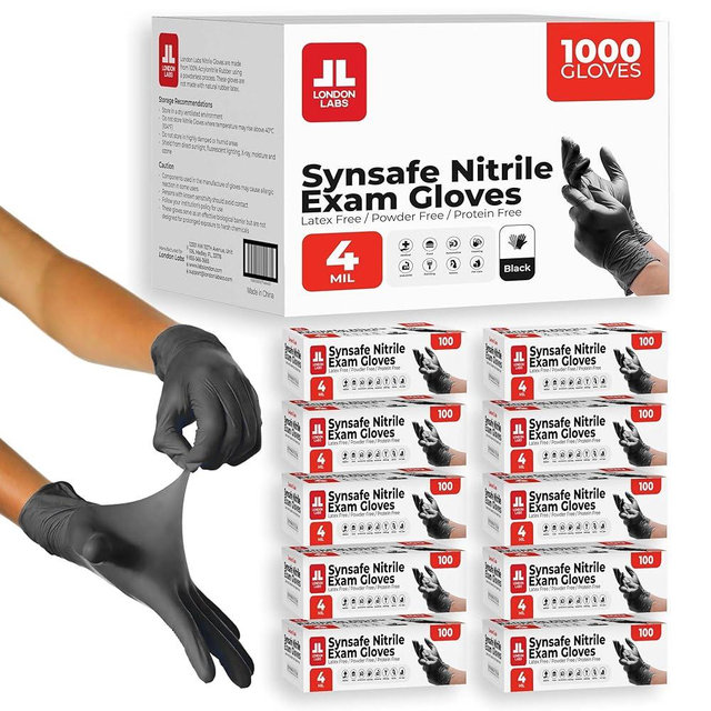 London Labs Synsafe 4 Mil -Black Nitrile Exam Gloves –Disposable Latex Free & Powder Free – Extra Strong, Rubber Gloves – First Aid Kit, Medical, EMT, Cleaning, Cooking | Bulk Case of (1000 ct)