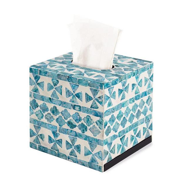 Mother of Pearl Inlay Cube Tissue Box Cover - Luxury Marble Bathroom Accessories - Wooden Toilet Paper Storage - by MadeTerra (Teal)