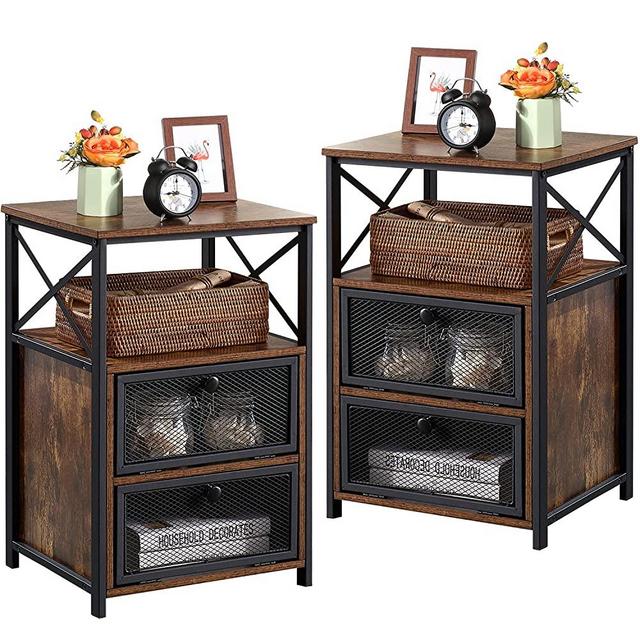 VECELO Modern Night Stand, End Side Table with Storage Space and Door, Nightstands with Flip Drawers for Living Room,Bedroom,Lounge,Set of 2, Rustic Brown