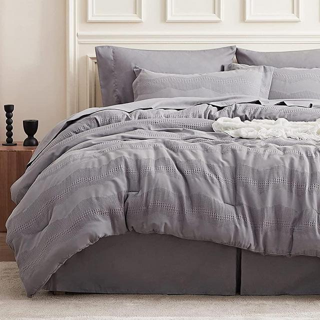 Bedsure Bed in a Bag - Waffle Weave King Comforter Sets, 8 Piece Bedding Comforters & Sets, Super Soft & Cozy All Season Complete Set (King, Grey)
