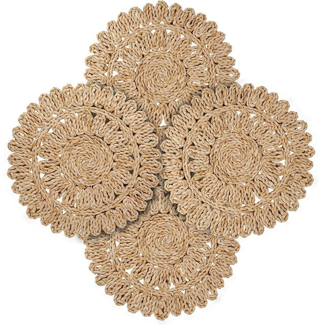 15" Corn Husk Woven Round Placemats Set of 4 - Wicker Boho Farmhouse Placemats - Rattan Table Mats Like Water Hyacinth for Dining Table, Wedding, Home, Christmas, Party