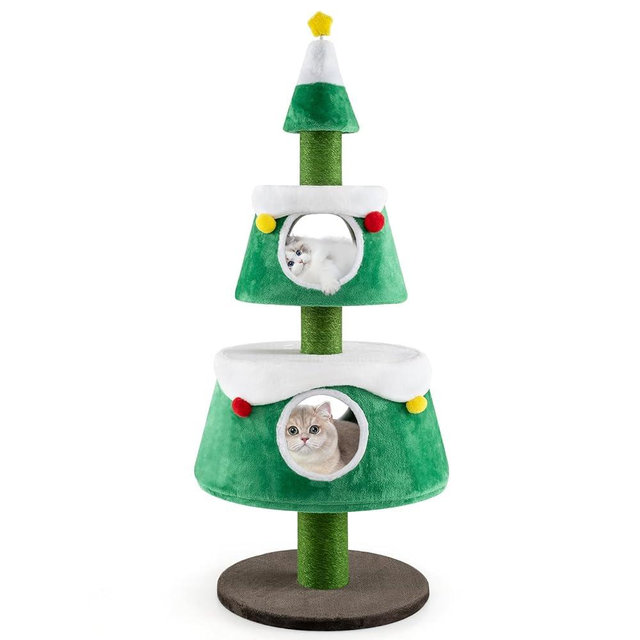 PETSITE 60 inch Christmas Cat Tree, Cute Cat Tower with 2 Condos, Sisal Scratching Posts, Spring Toy, Removable Beds, Modern Holiday Cat Tree Tower for Indoor Cats