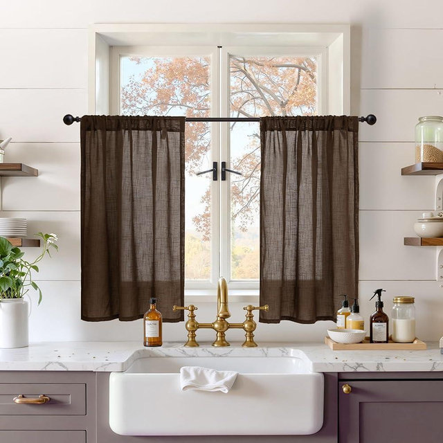 BGment Brown Linen Short Curtains 36 Inch Length for Window, Small Sheer Drapes for Kitchen Cafe Over Sink Bathroom Decor Lightweight Rustic Country Textured Rod Pocket, 2 Panels, Each 30 Inch Wide