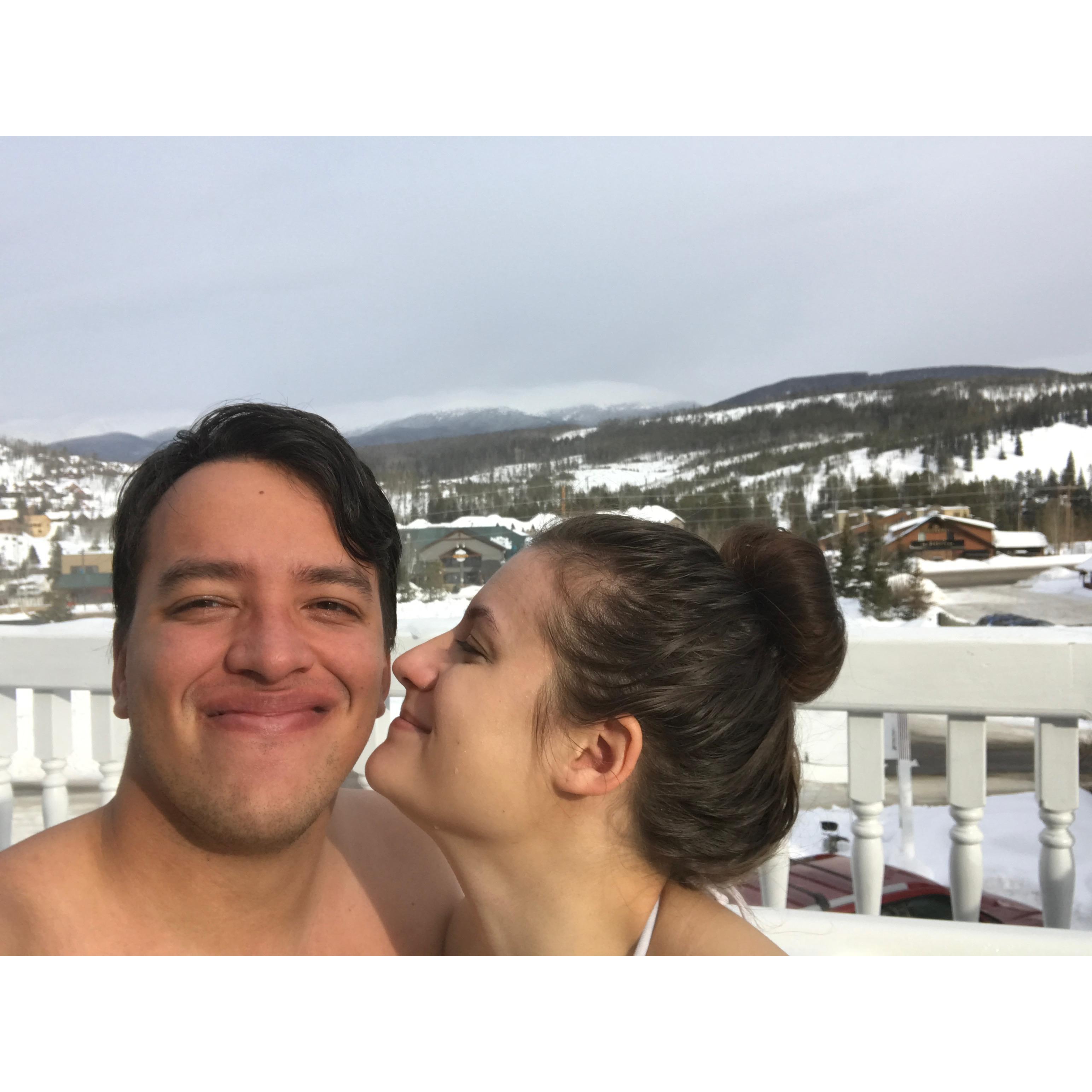 Tony had been going to Winter Park since he was a wee lad, and Ali learned to love the humble ski town because of him.
[Balcony hot tub at our engagement weekend BnB]