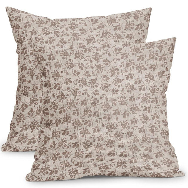 Vintage Floral Pillow Covers 18x18 Inch Brown and Beige Block Print Outdoor Decorative Throw Pillows Set of 2 Rustic Neutral Boho Accent Pillowcases for Couch
