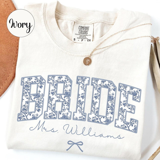 Custom Bride Shirt Blue Toile, Personalized Mrs Name Bridal Shower Gift, Chinoiserie Bride Tee, Engagement Day Getting Ready, Bachelorette