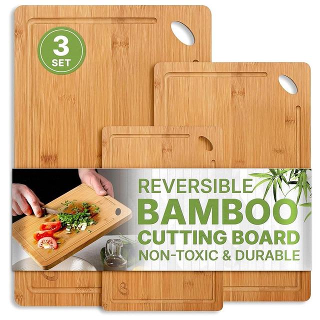 Bamboo Cutting Board Set of 3 – Reversible Wooden Cutting Boards for Kitchen, Chopping Meat & Vegetables – Non-Toxic, Durable Wood Charcuterie Boards – Carbonized for Strength, Kitchen Utensil Set.