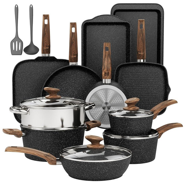 DishDelight 17Pcs Pots and Pans Set Non Stick, Granite Kitchen Cookware Sets, Induction Cooking Pan Set, Black