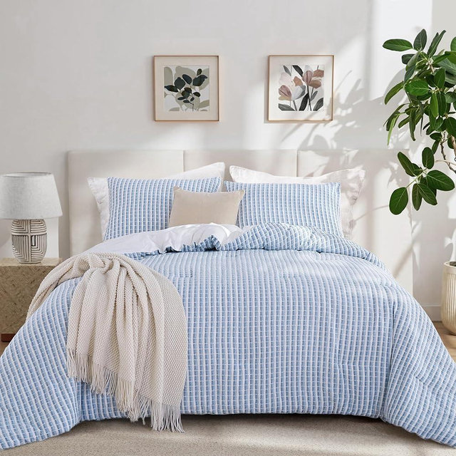 Oli Anderson 100% Cotton Waffle Comforter Set King Size, 3 Pieces Lightweight Breathable All Season Bed Comforter, Soft Skin-Friendly Blanket for Bedroom Guest Room, Machine Washable, Blue