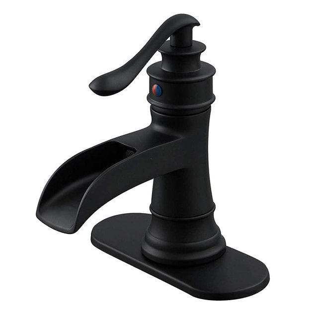 BWE Black Bathroom Faucet Matte Waterfall Sink Farmhouse Bath Vanity Single Hole Faucets One Handle Basin Antique centerset Restroom Mixer Tap Supply Line Lead-Free