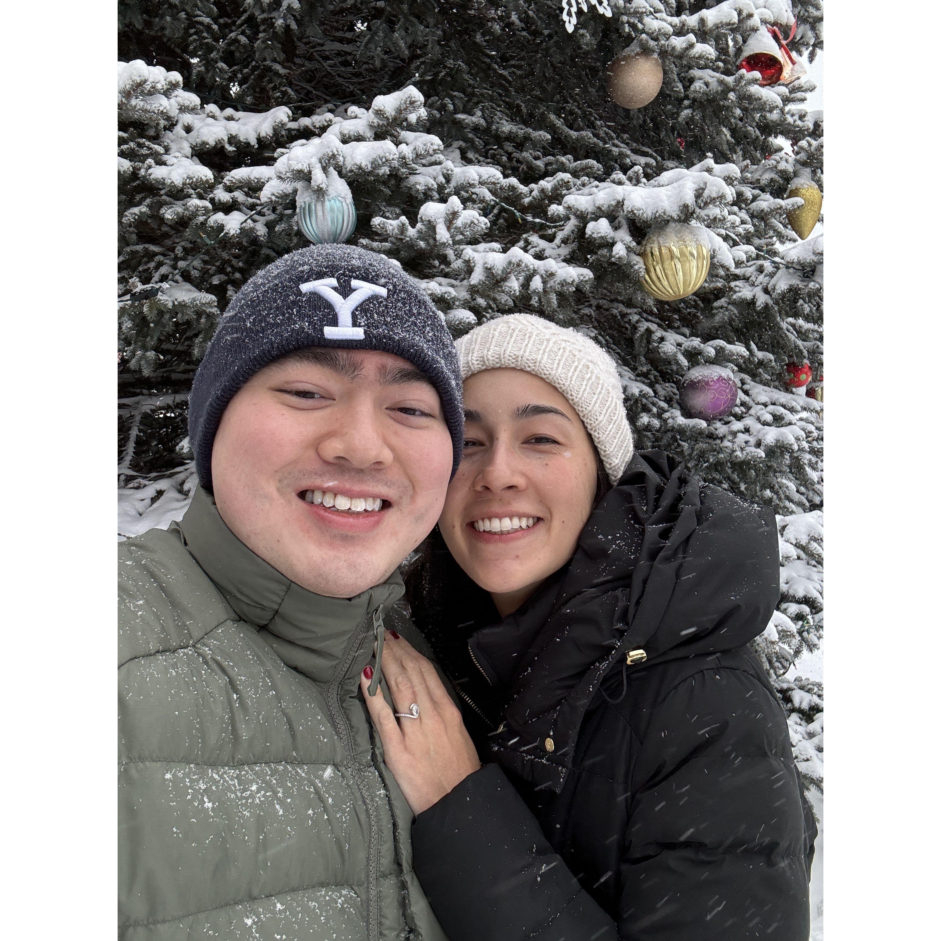 The morning after our engagement on a snowy walk for coffee