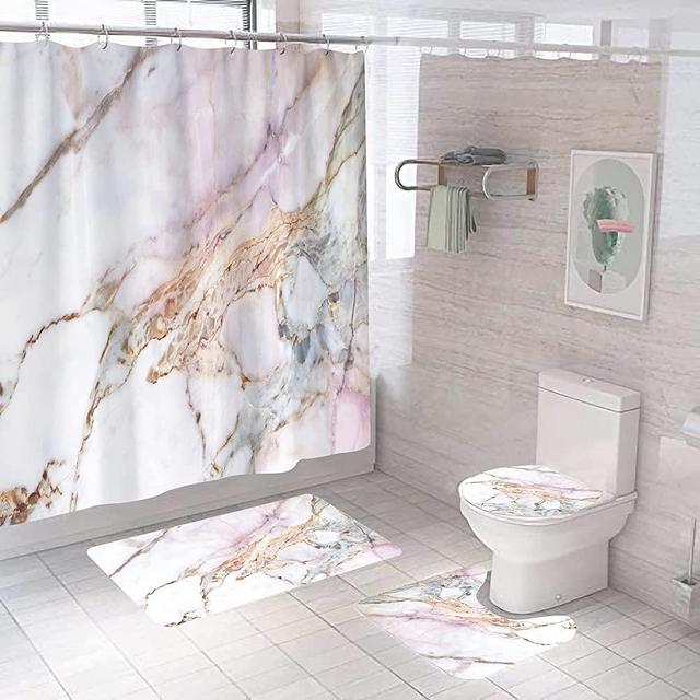 Ujoyen 4 Pcs Marble Texture Shower Curtain Set with Non-Slip Rugs, Toilet Lid Cover and Bath Mat Natural Marble Abstract Shower Curtain Bathroom Decor with Hooks-White Pink Grey