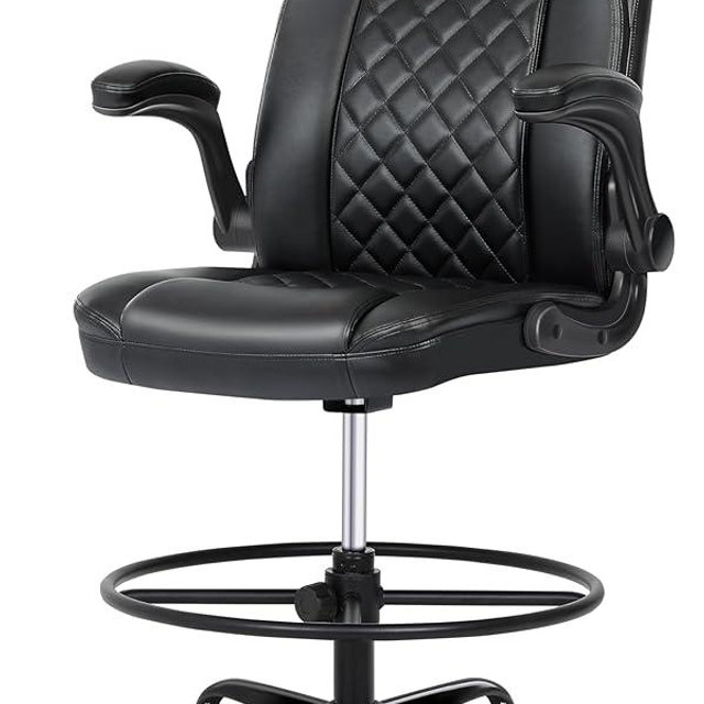 Misolant Drafting Chair with Footrest Ring, Tall Office Chair for Standing Desk, PU Faux Leather Bar Counter Height Chairs with Adjustable Height, 360° Swivel Wheels for Garage Office, Black