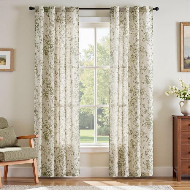 jinchan Linen Floral Curtains 84 Inch Length for Living Room Bedroom Light Filtering Farmhouse Peony Flower Drapes Rustic Window Curtain Set Rod Pocket Back Tab 2 Panels Green