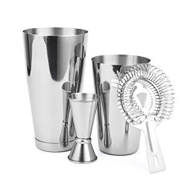 Boston Shaker 4 Piece Cocktail Making Set: 18oz Unweighted & 28oz Weighted Professional Bartender Cocktail Shaker Set with Double Jigger and Hawthorne Strainer/Cocktail Recipe Booklet