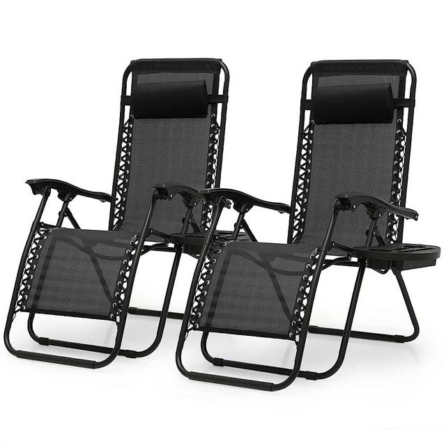 MoNiBloom 2 Pack Patio Zero Gravity Chair Outdoor Folding Adjustable Reclining Black Chairs Pool Side Beach Lawn Lounge Chair with Pillow and Cup Holder, 330lbs Capacity, Black