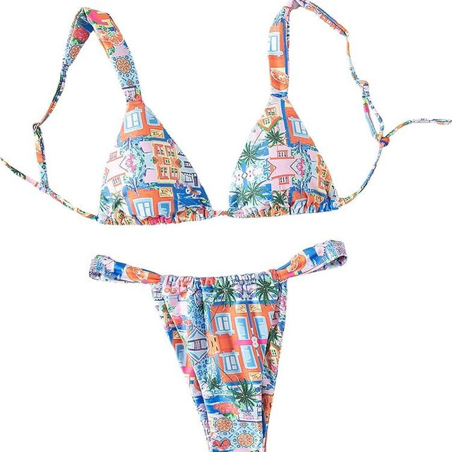 Women's High Waisted Bikini Set Floral Print Spaghetti Strap Smocked Wireless Bathing Suit Swimsuit 2 Piece Set