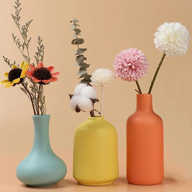 EWEIGEER Ceramic Colorful Flower Vase for Home Desk Bookshelf Decor Modern Farmhouses Tabletop Small Cute Vases,Set of 3