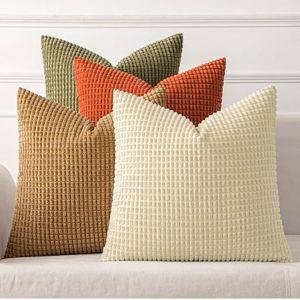 MIULEE Modern Farmhouse Decorative Pillow Covers 18x18 Inch Set of 4 Natural Rustic Throw Pillows Neutral Warm Soft Corduroy Couch Pillowcases Home Decor for Sofa Living Room Bed Brown Green