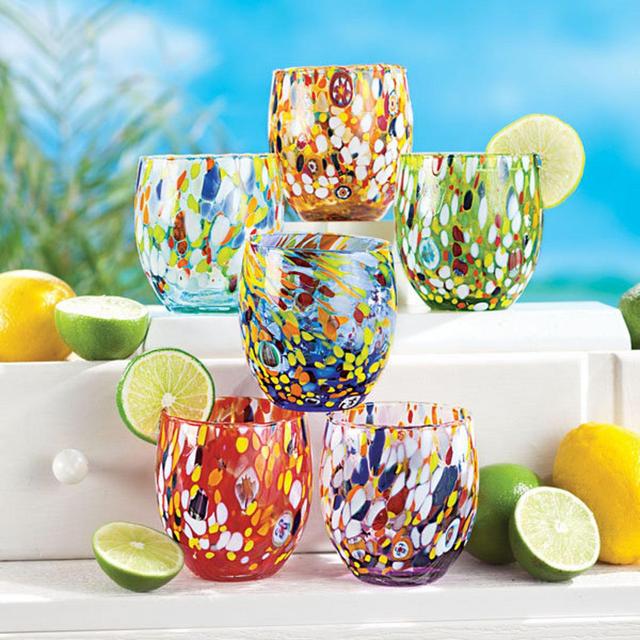8 Oz. Set of 6 Murano Style Drinking Glasses | Drinking Water Glass Set | Stemless Wine Glasses | Made in Italy