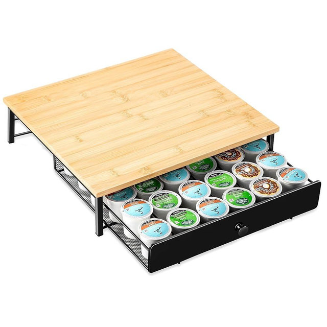 ROWISE Bamboo Coffee Pod Drawer Holder for K Cups, Coffee Capsule Organizer for Home Office, Kitchen, 36 Pods Capacity