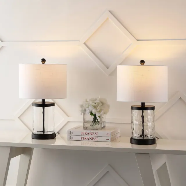 Set of 2 21" Alexander Modern Iron/Water Glass Table Lamps with USB Port - JONATHAN Y: Bedroom Charging Station, Drum Shade