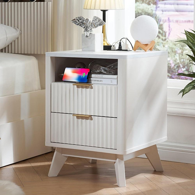 T4TREAM Fluted Nightstand with Charging Station, 18" Modern Side Table with Faux Marble Top, 2 Drawers End Table w/Storage, Bedside Table for Bedroom, Living Room, Curved Profile Design, Solid White