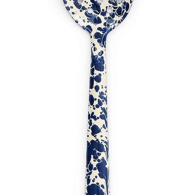 Enamelware Slotted Spoon, 12 inch, Navy/Cream Splatter (Single)